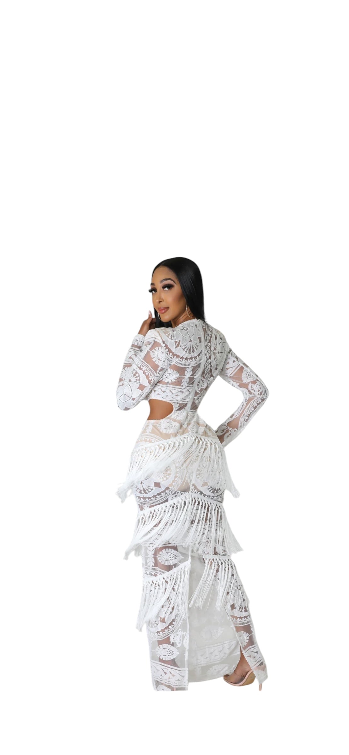 Divine Cascade Fringe Lace Illusion Maxi