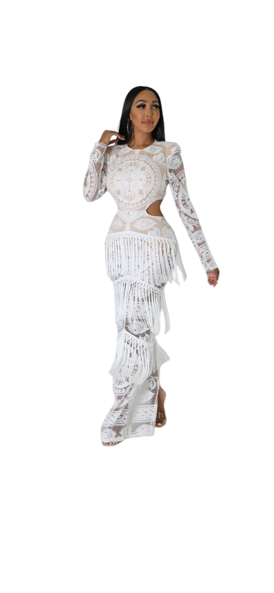Divine Cascade Fringe Lace Illusion Maxi