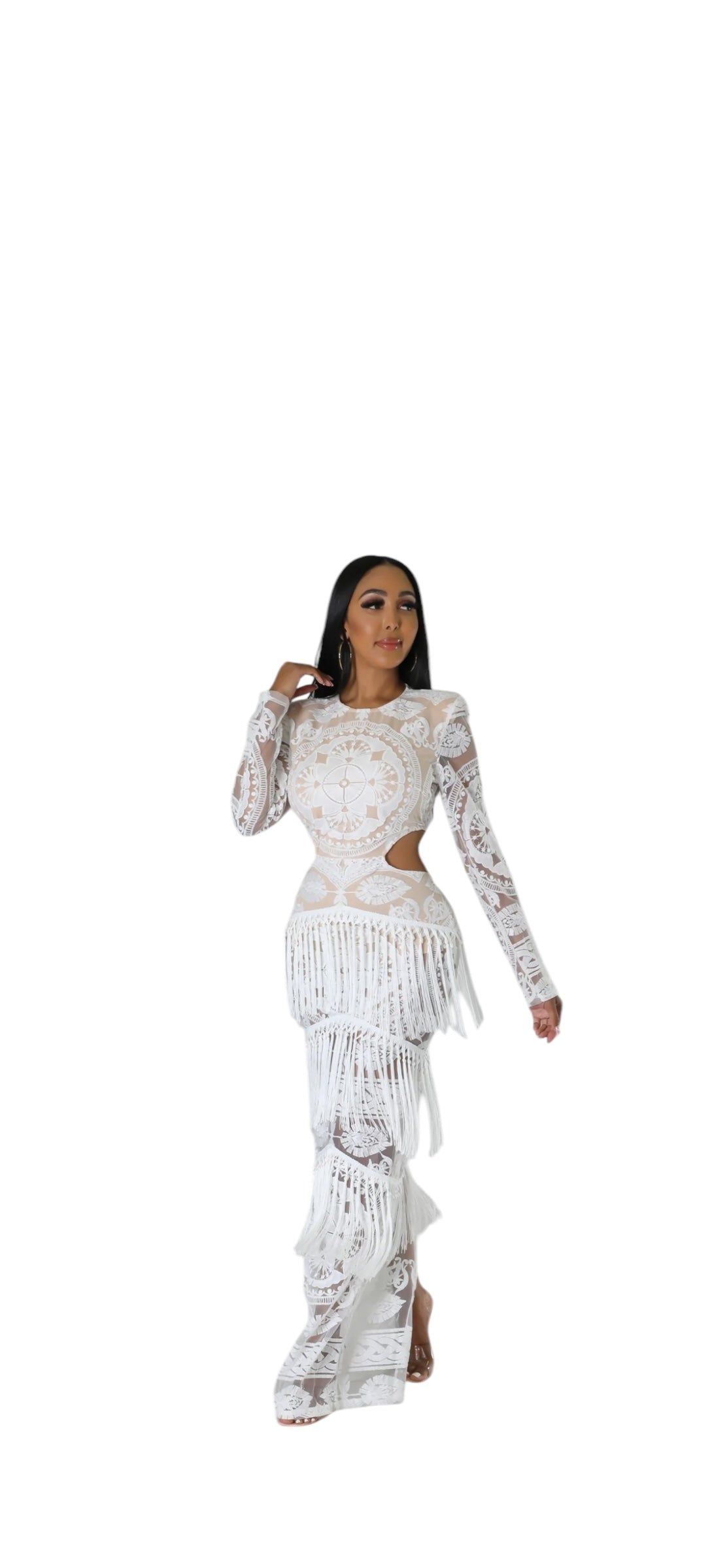 Divine Cascade Fringe Lace Illusion Maxi