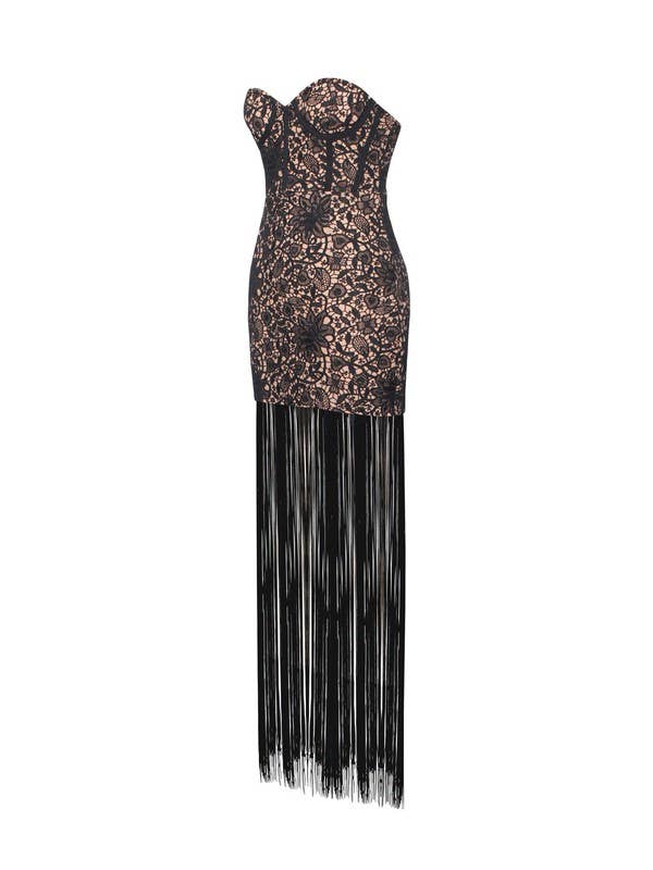 Midnight Mystique Black Lace Fringe Dress