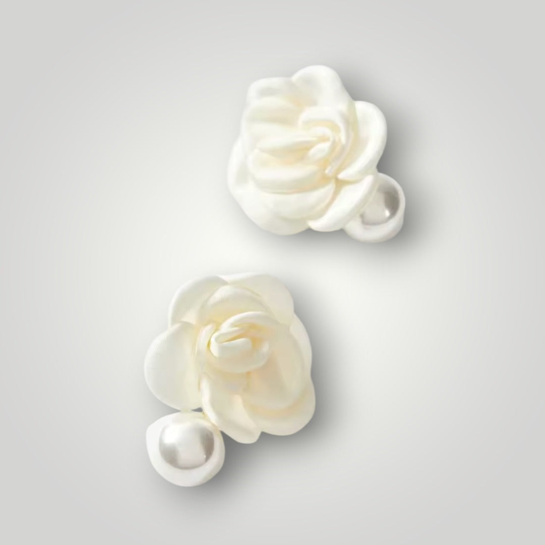 White Camellia Pearl Drop Earrings