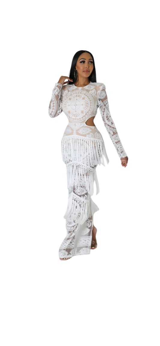 Divine Cascade Fringe Lace Illusion Maxi