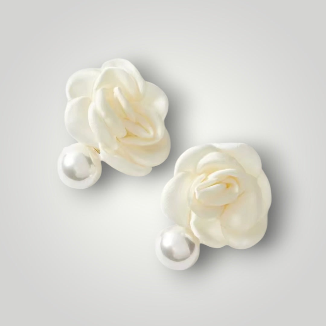 White Camellia Pearl Drop Earrings